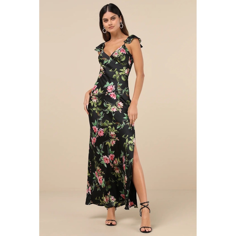 NWT Lulus Captivating Grace Black Floral Satin Ruffled Maxi Dress Size Small